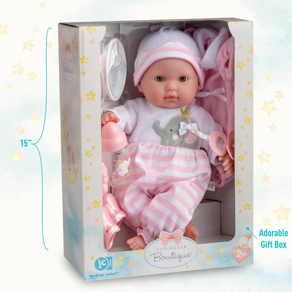 Jc Toys 15" Berenguer Boutique Pink Baby Doll Gift Set Open/Close Eyes