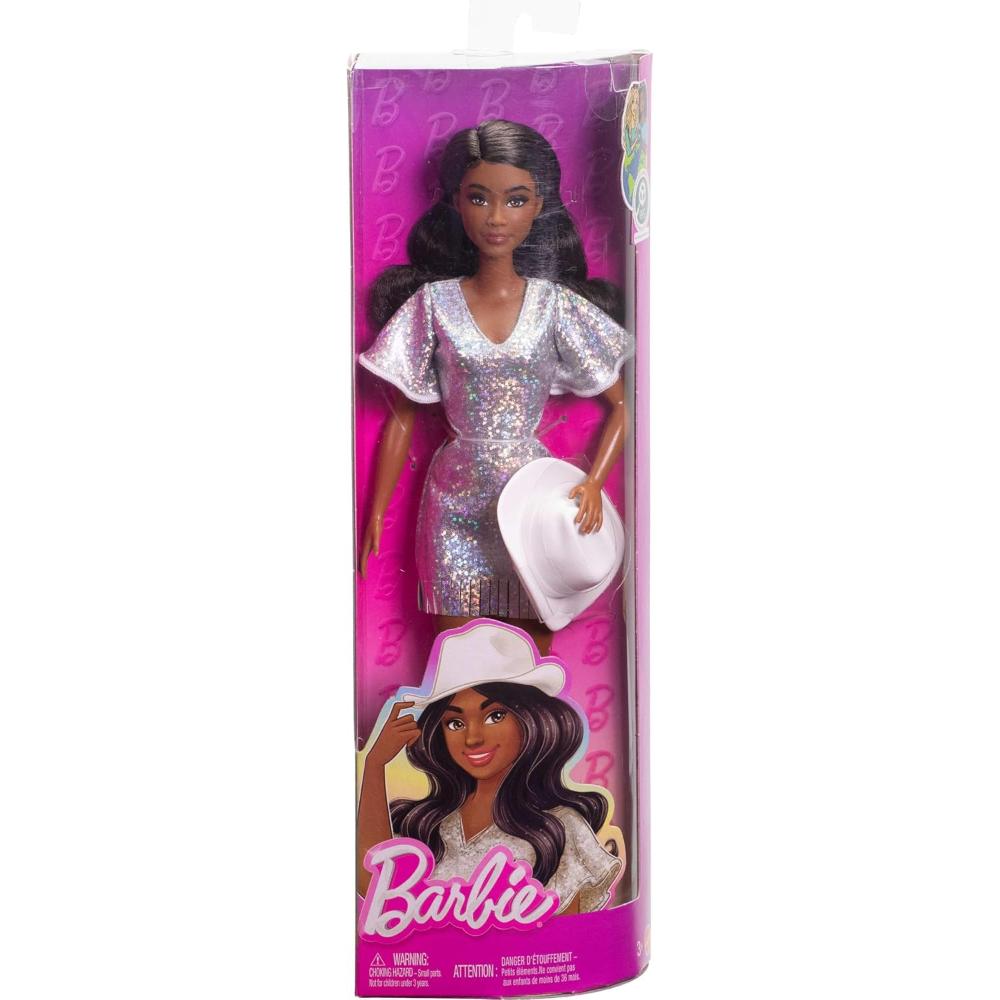 Barbie Fashionistas Doll with Black Hair Wearing Sparkly Silver Fringe Dress Barbie Fashionistas Doll with Black Hair Wearing Sparkly Silver Fringe Dress