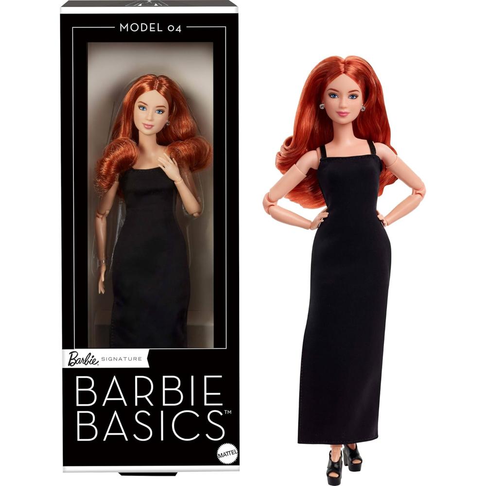 Barbie Basics Collectible Doll Model 04 With Red Curly Hair Black Dress & Platform Heels