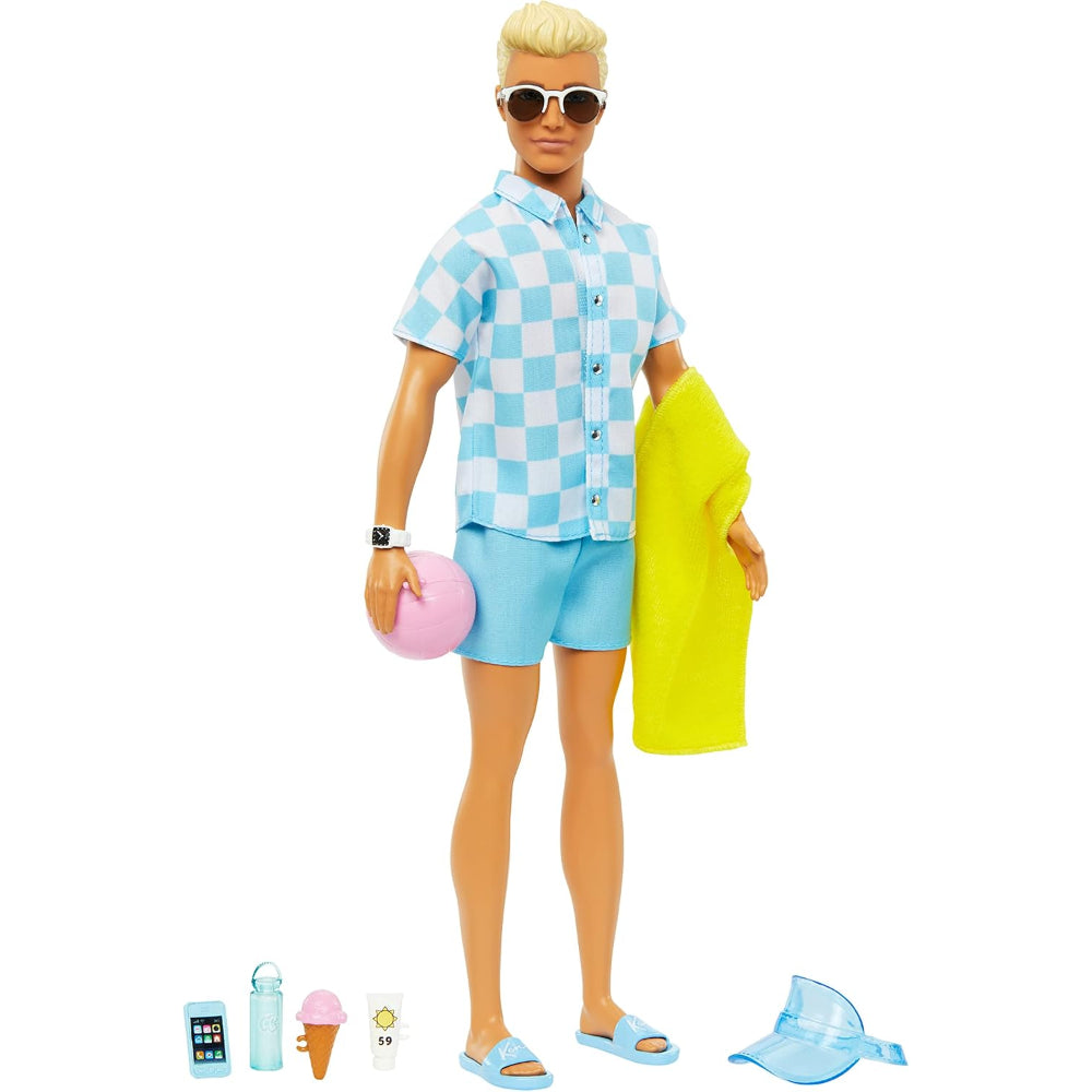Barbie Ken Doll With Swim Trunks And Beach-Themed Accessories