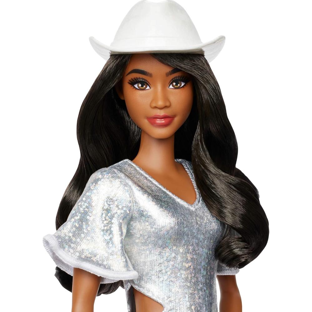 Barbie Fashionistas Doll with Black Hair Wearing Sparkly Silver Fringe Dress Barbie Fashionistas Doll with Black Hair Wearing Sparkly Silver Fringe Dress