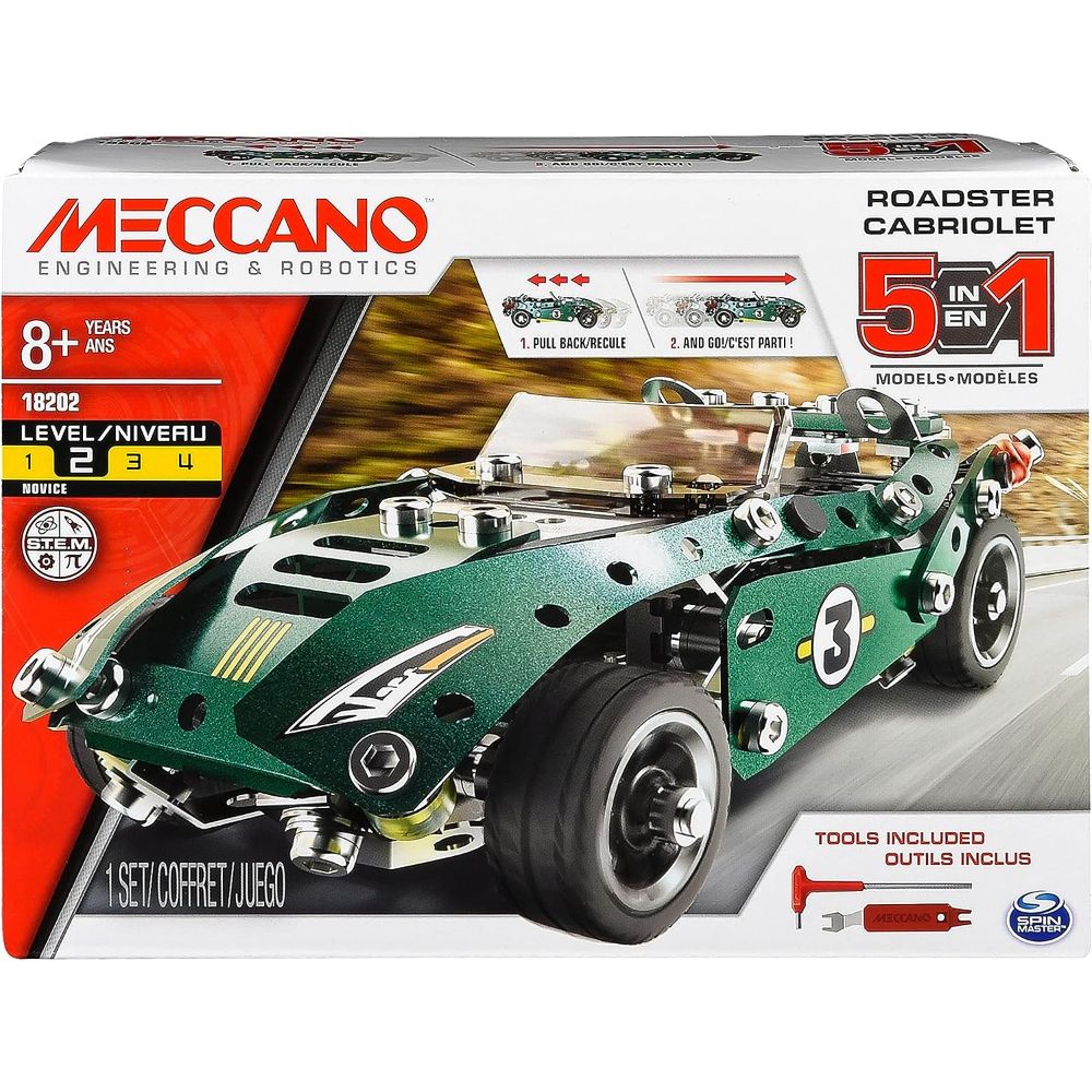 Meccano 5-In-1 Roadster Cabriolet Pull Back Car (174 Pieces)