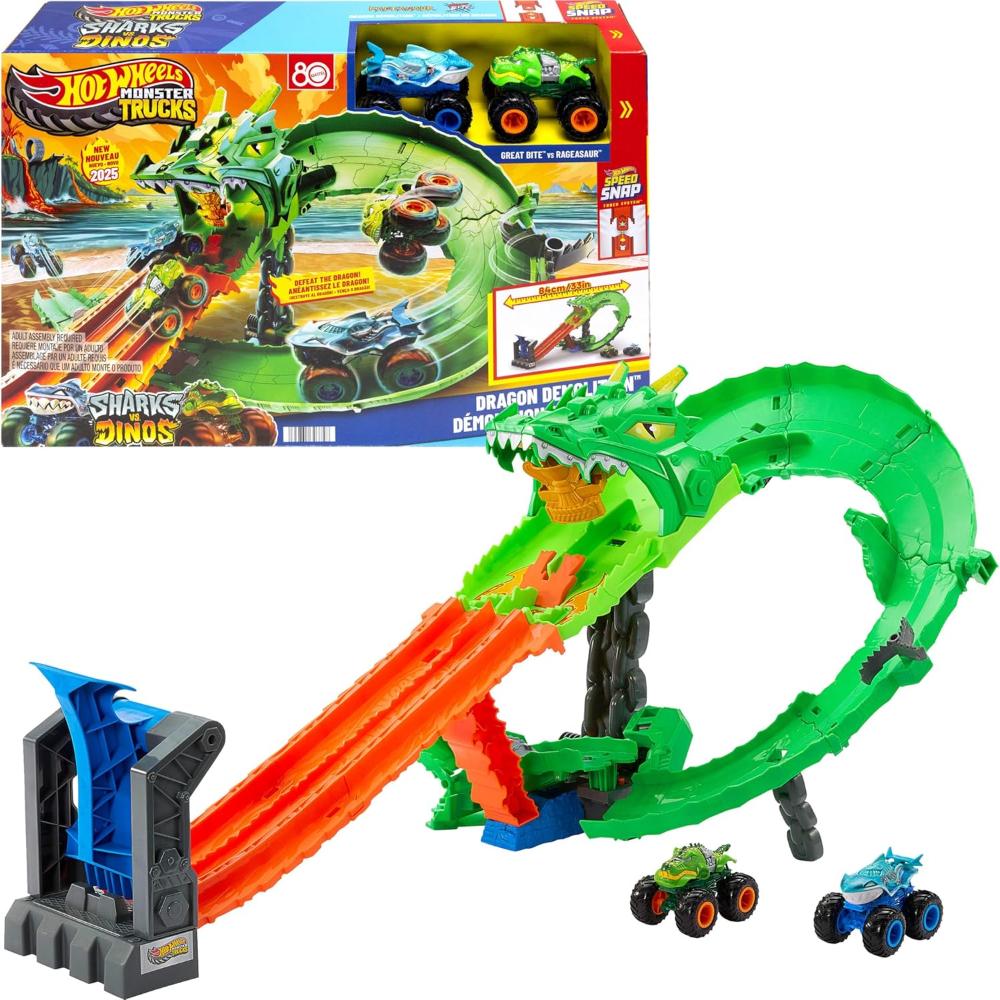 Hot Wheels Monster Trucks Sharks vs Dinos Dragon Destruction Playset