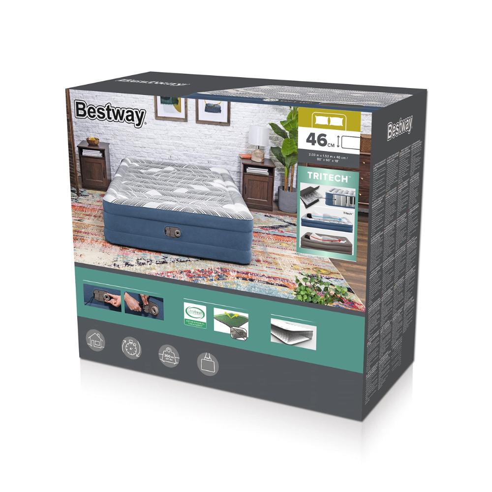 Bestway 80" x 60" x 14"/2.03m x 1.52m x 36cm Tritech Fashion Flock Air Mattress Queen Built-in AC Pump