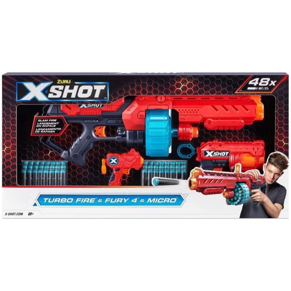 X Shot Combo Pack Turbo Fire & Fury 4 & Micro with 48 Foam Darts