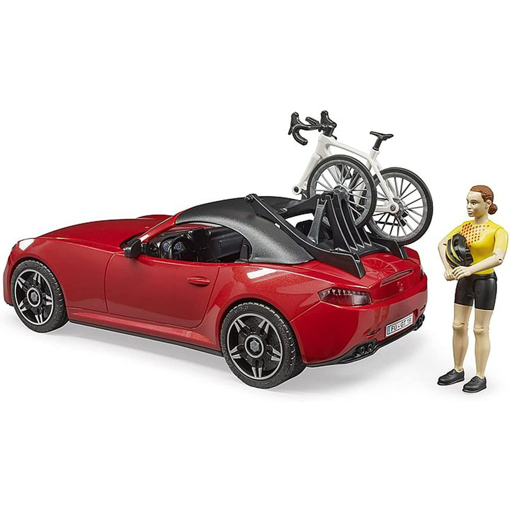 Bruder Realistic Roadster Car with Bicycle Rack and Road Bike with Female Cyclist