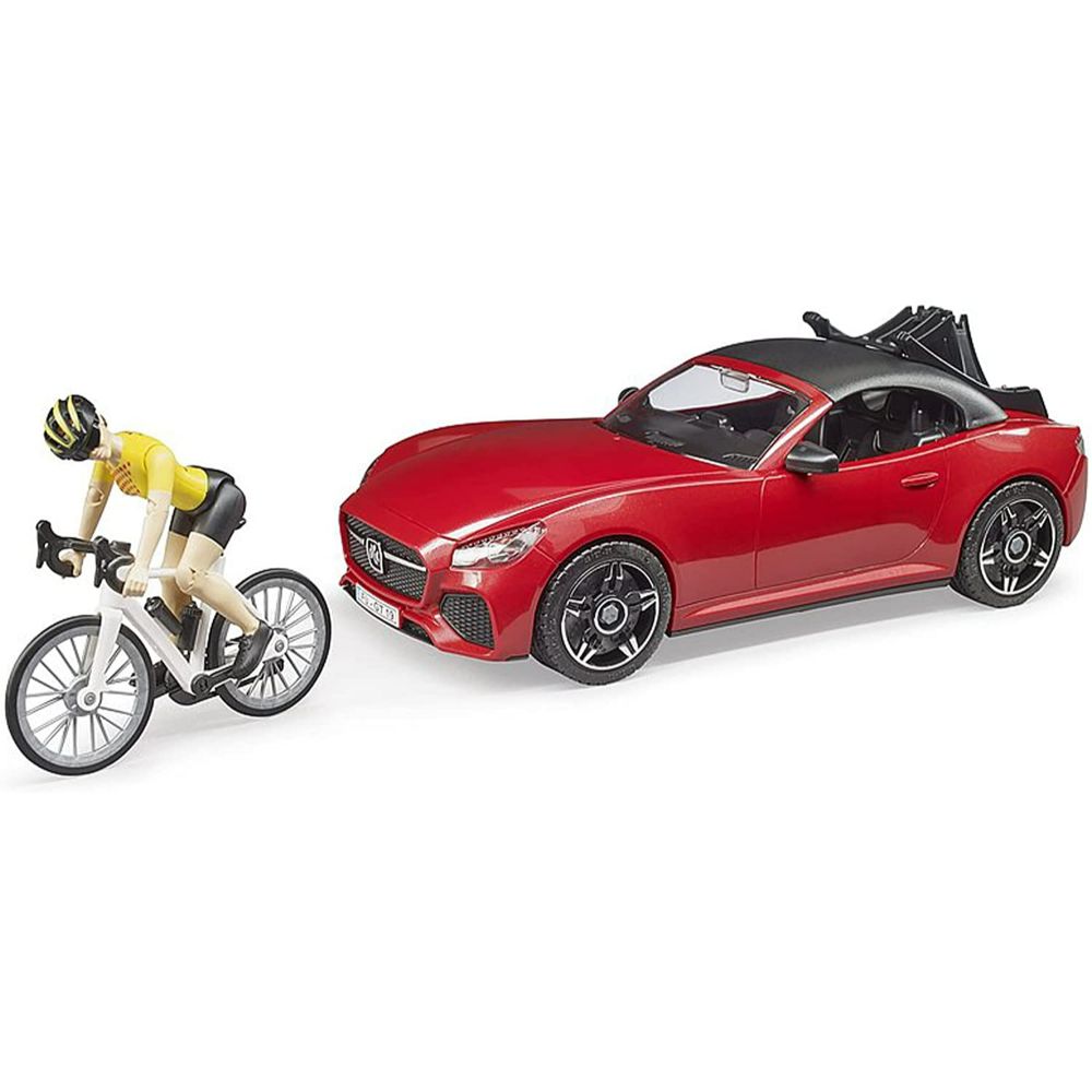 Bruder Realistic Roadster Car with Bicycle Rack and Road Bike with Female Cyclist