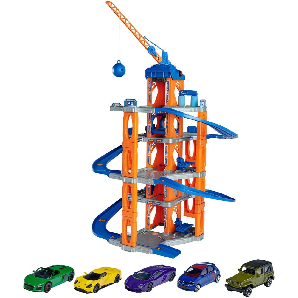 Majorette Motor Lift Center + 5 Cars, Multicolored