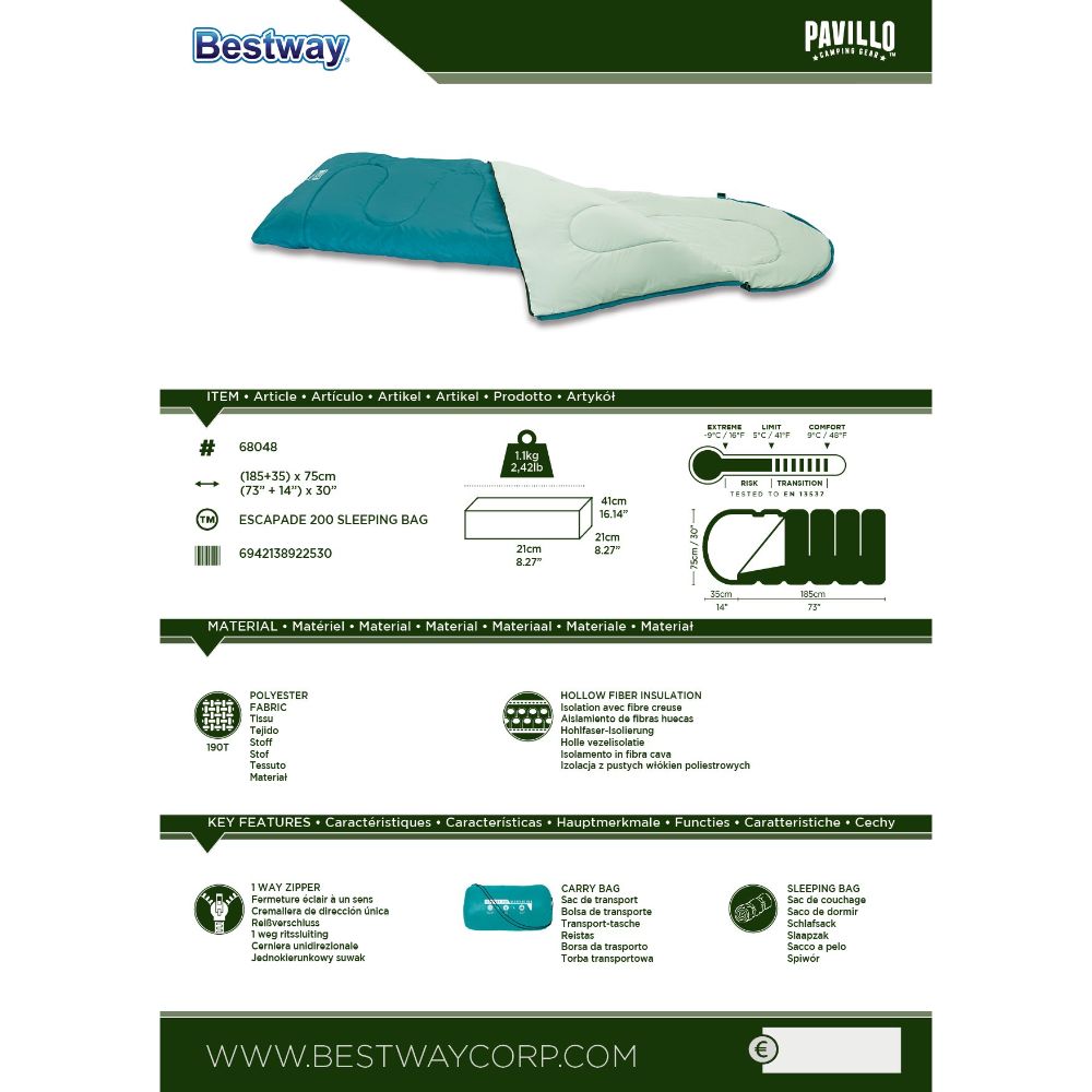Bestway Pavillo (1.85m + 35cm) x 75cm Escapade 200 Sleeping Bag 26-68048