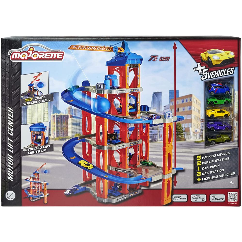 Majorette Motor Lift Center + 5 Cars, Multicolored