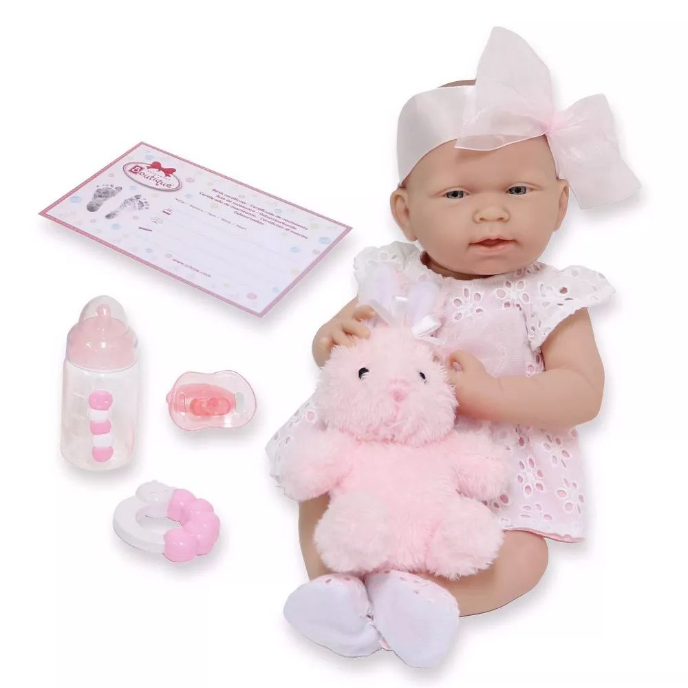 JC Toys - La Newborn Baby Doll White Eyelet Dress with Bunny and Accessories